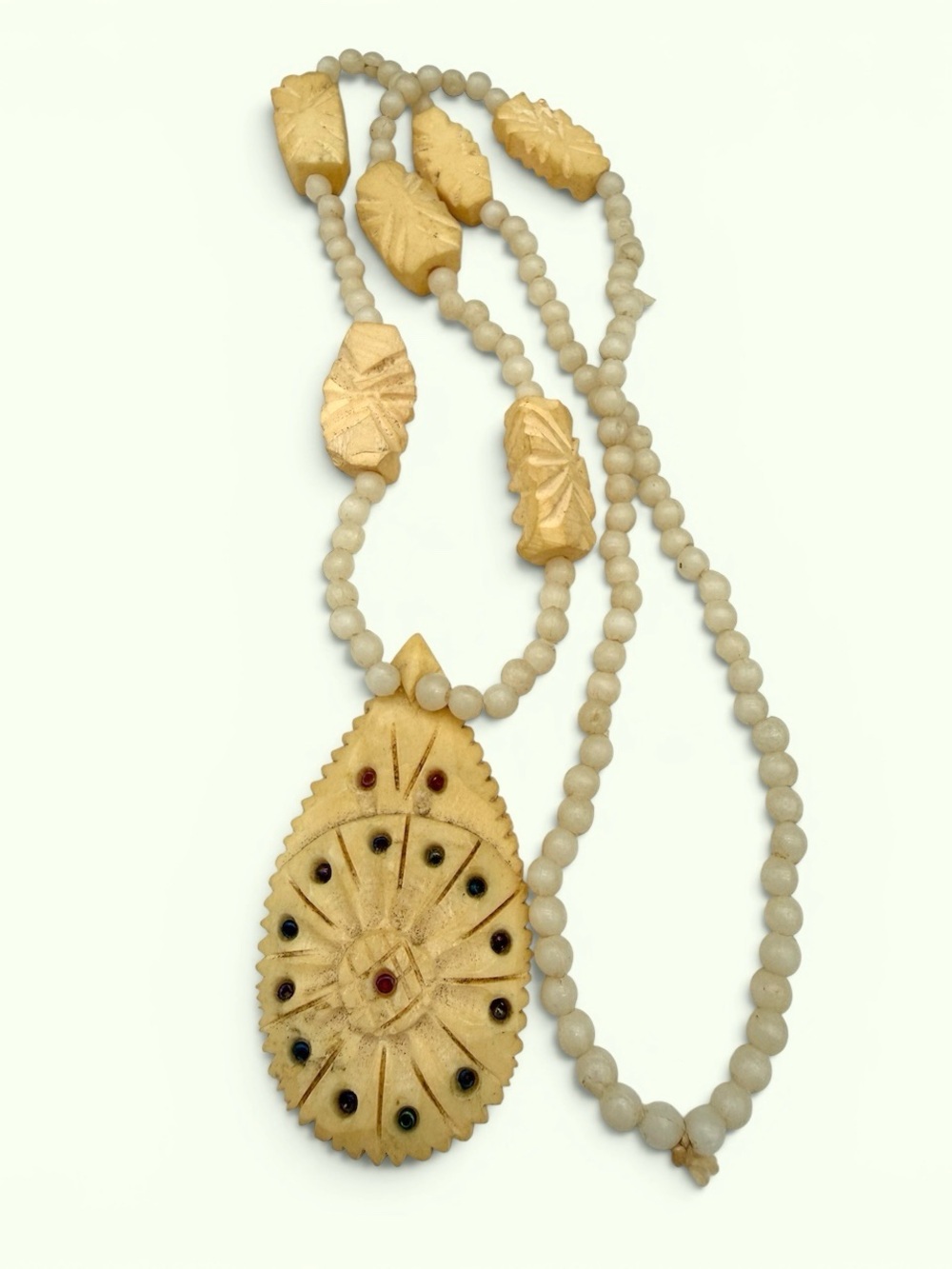 Hand Carved Bovine Bone Teardrop Pendant Necklace w/ Inlaid Bead - Tribal Ethnic